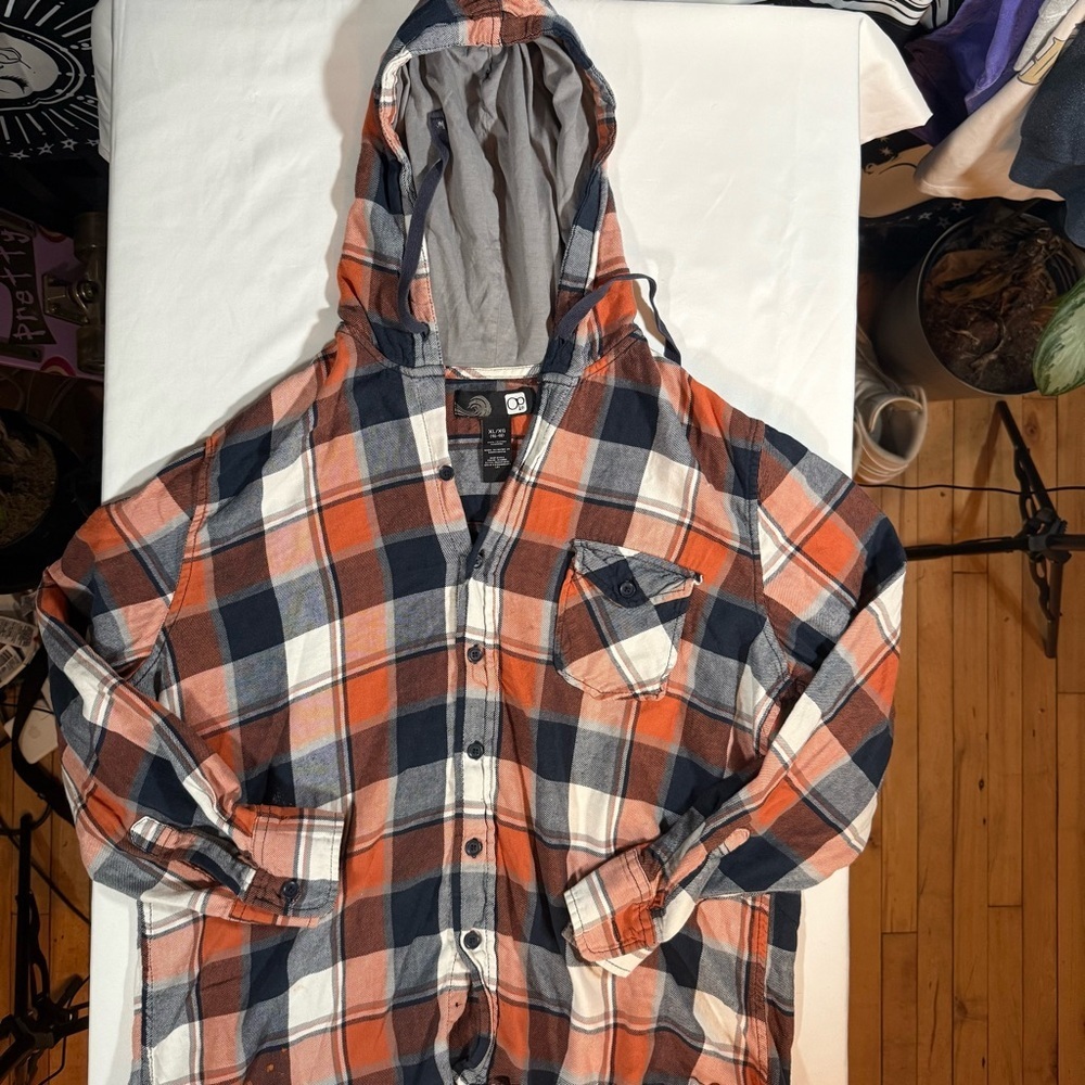Vintage Deadstock OP Checkered Hoodie Shirt in Orange and Blue Grunge Surfer